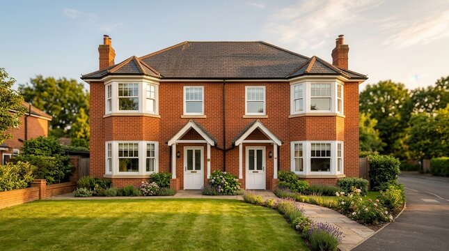 Semi-detached brick houses with bay windows and white doors in a suburban neighborhood.