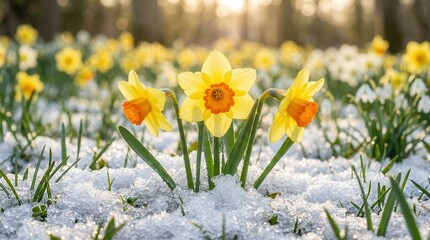 Obraz premium Yellow daffodils with orange centers growing through melting snow in early spring.
