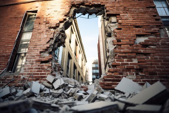 Destroyed brick building wall with a gaping hole revealing an urban street
