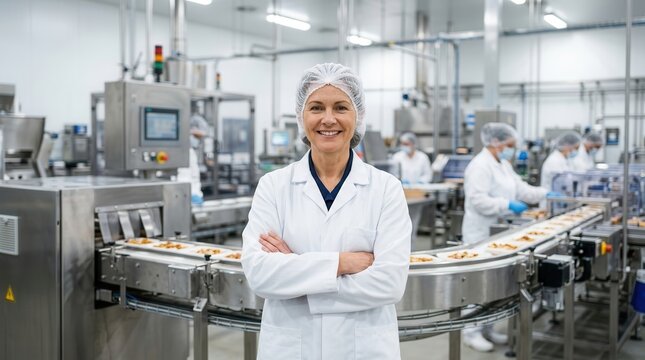 Confident smiling woman in white lab coat and hairnet standing in a food factory production area.