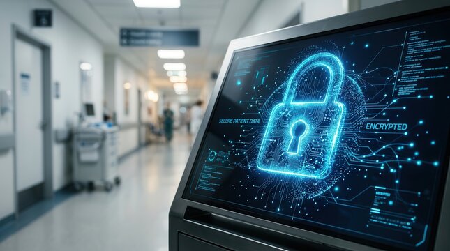 Glowing padlock icon on a digital display symbolizes important health data protection.
