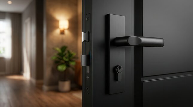 Close up of a modern black armored apartment door ajar showing the metal handle and mortise lock.