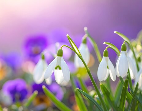 Close-up of delicate white bell-shaped blooms with green stems emerging from a blur of purple and yellow petals. The sun shines
