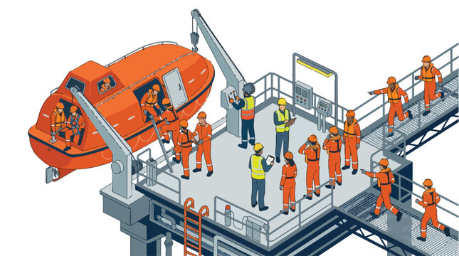 Offshore Oil Rig Safety Training Illustration with Diverse Workers and Lifeboat Deployment Procedure