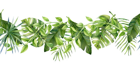 Obraz premium Seamless watercolor tropical foliage border with green jungle leaves for modern decorative design, wallpaper, textile, packaging and web banner use