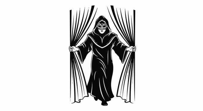A cloaked figure in a mask parts curtains, stepping into view