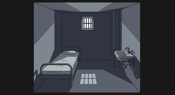 Sparsely furnished prison cell with barred window and sink