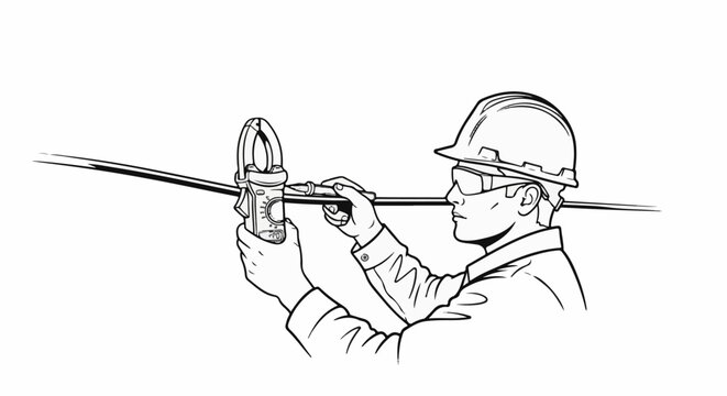 Worker in hard hat measures current on power line with clamp meter
