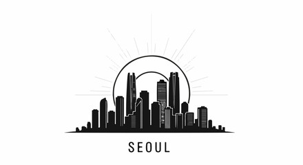 Obraz premium Black and white skyline silhouette with radiating sun rays behind buildings