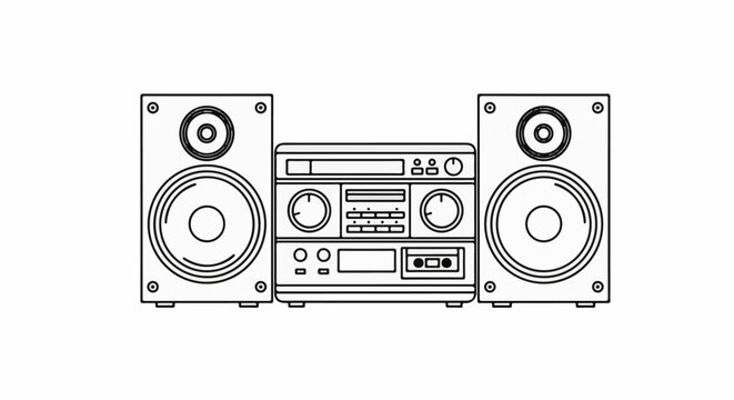 Stylized line art of a stereo system with two speakers and a central unit