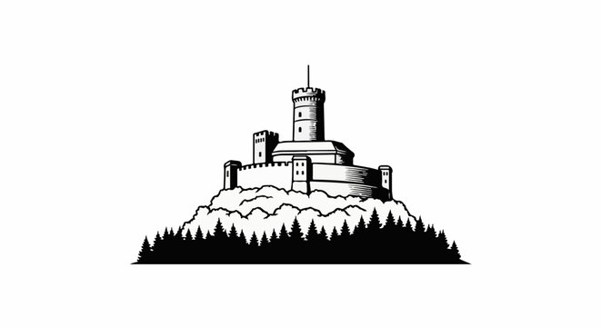 A black and white illustration of a fortified castle atop a rocky hill with trees