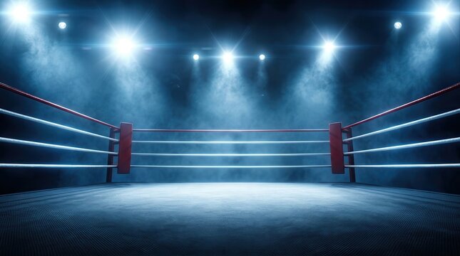 Empty boxing ring in a combat sports venue with bright overhead spotlights.