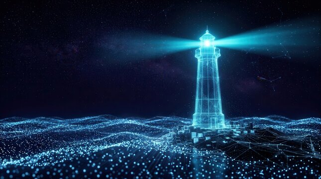 Futuristic digital lighthouse glowing blue in a starry night over sparkling ocean waves.