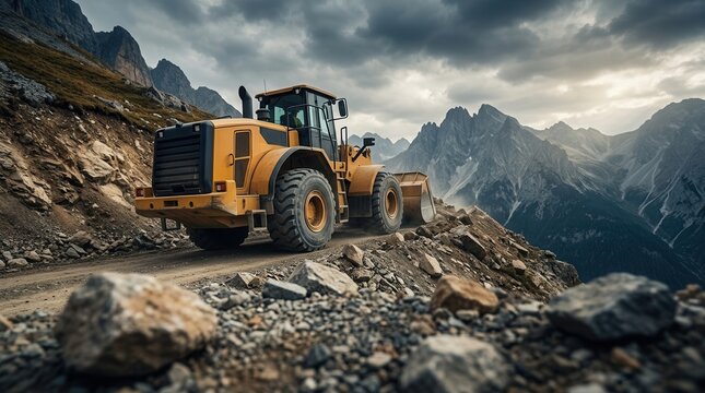 A yellow loader machine works on a steep mountain slope moving dirt and rocks.
