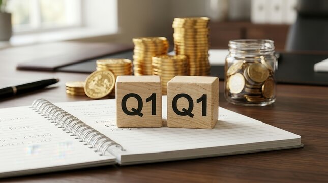 Wooden blocks with Q1 on a notebook next to stacked coins for financial planning.