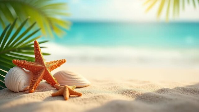Summer beach with seashells starfish and tropical leaves border on sandy surface
