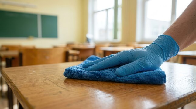 Janitor wearing blue gloves wipes a school desk with a blue cloth for disinfection.
