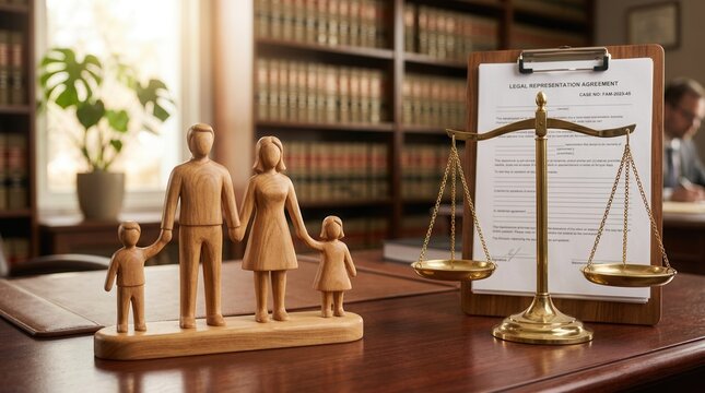 Wooden family figures stand on a desk near a law scale and legal documents for family law concepts.