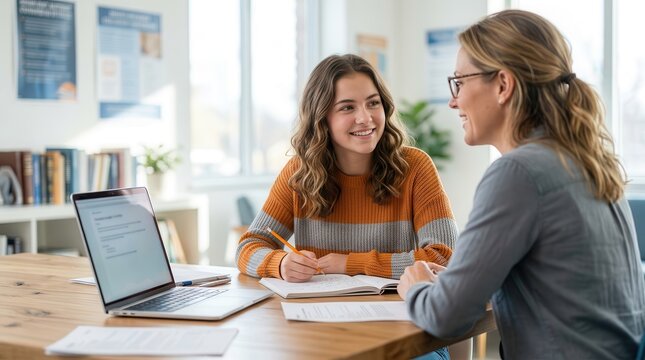 A college counselor provides guidance to a student discussing academic plans in a bright office.