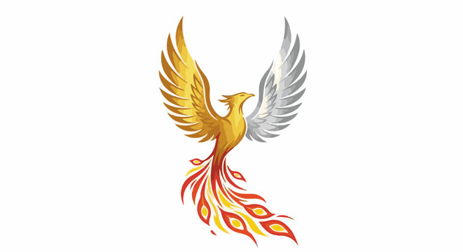 Mythical bird with golden and silver wings rising with fiery tail