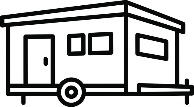 A simple line drawing of a small mobile home with a single wheel
