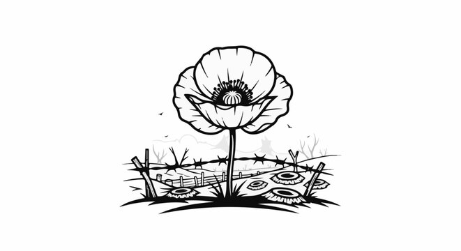 Single poppy blooming amid war-torn landscape and barbed wire