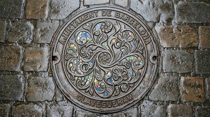 Obraz premium Ornate manhole cover with floral design on brick wall.