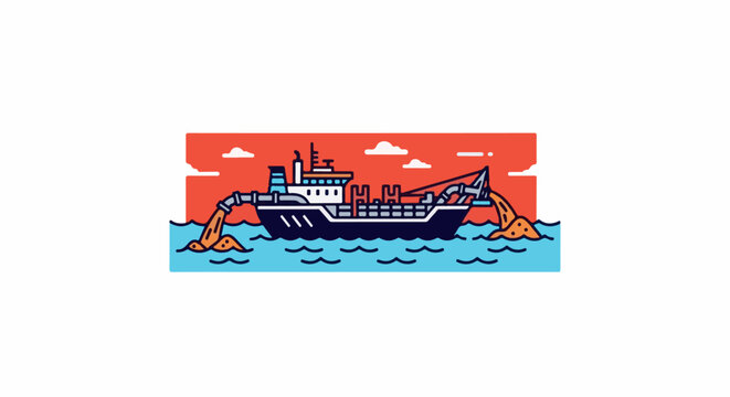 A dredging ship at sea pumps orange material into the water