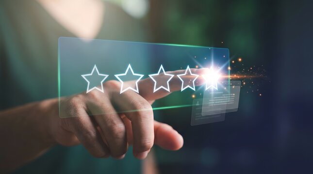 A person rating a product with a glowing five-star review on a digital interface