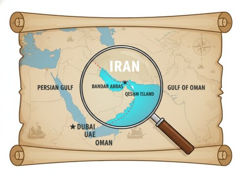 Magnifying glass over iran, persian gulf, and qeshm island on a vintage scroll map