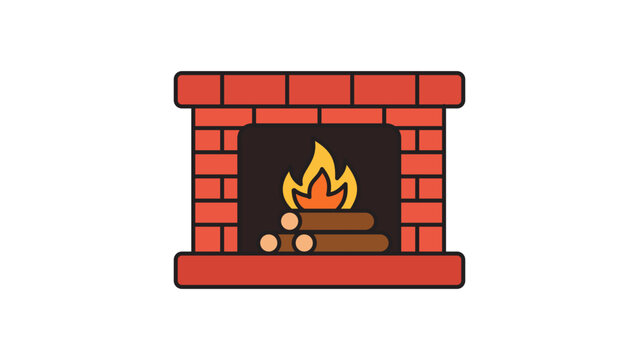 Modern Brick Fireplace with Burning Wood Logs and Flame, Flat Vector Icon with Editable Stroke, Minimalist Interior Design Element for Home Comfort and Winter Warmth, Scalable Illustration