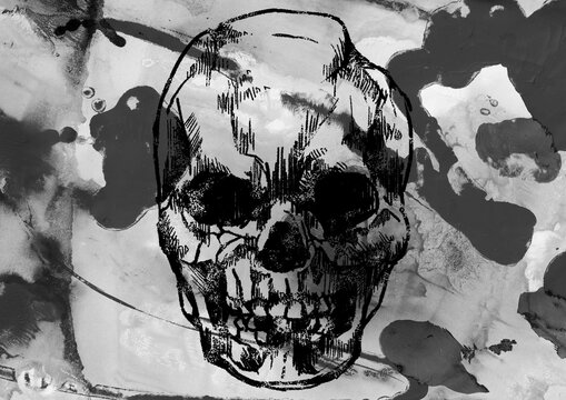 インクの質感が際立つ手描き風の髑髏（スカル）抽象アート・ダークでパンクな雰囲気のグランジテクスチャと頭蓋骨を組み合わせたモダンな死の象徴
