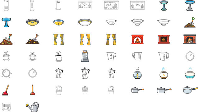 50 Home and Garden Vector Icon Set with Editable Stroke. Minimalist Line Art Collection of Kitchenware, Appliances, Decor, and Plants. Customizable Outline Bundle for Web and Graphic Design.