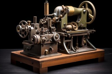 Fototapeta premium Vintage industrial machine featuring intricate gears, levers, and metal components on a wooden base