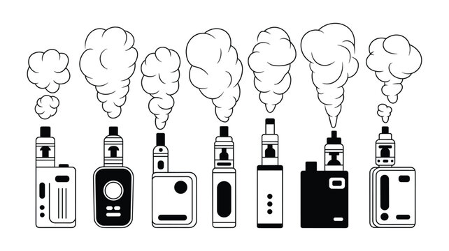 Collection of electronic cigarette devices with vapor clouds in keywords black and white line vape e-cigarette