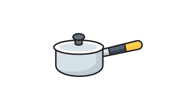 Modern Flat Vector Illustration of a Small Round Saucepan with Lid and Long Handle, Minimalist Kitchenware Icon for Cooking and Culinary Design, Editable Stroke Line Art Isolated on White Background