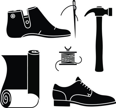 Black and white of shoemaking tools and shoes