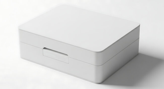 Minimalist white rectangular box with a sliding drawer, smooth surface, sleek design, clean lines, and subtle shadow creating depth on a bright, uncluttered background with soft lighting.