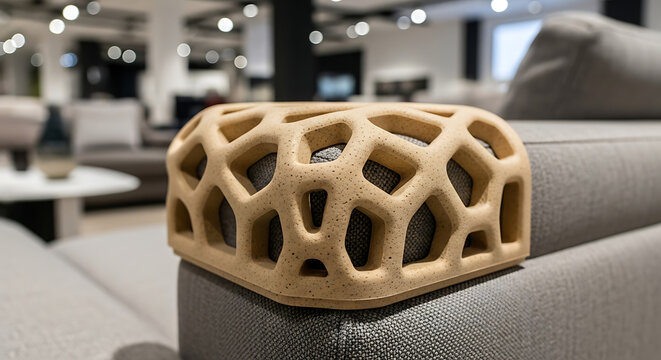 Modern 3d printed couch corner protector with organic voronoi pattern sitting on grey sofa furniture in interior showroom for home improvement and decoration concepts with contemporary design style.