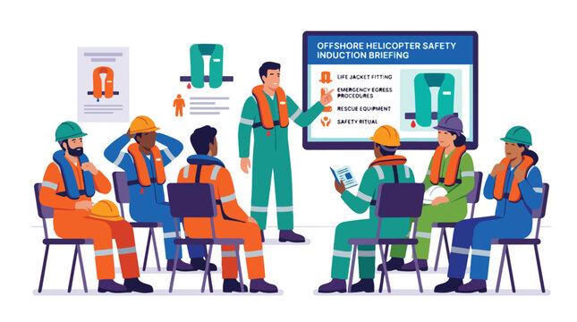 Offshore Helicopter Safety Induction Briefing with Diverse Workers Illustration Vector Graphic for Industry Training