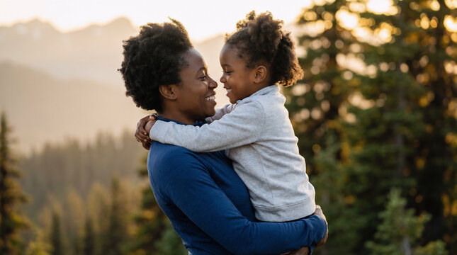 Black African mother lifting daughter in mountains, scenic adventure bonding experience, strong motherhood connection outdoors, Mother&rsquo;s Day theme
