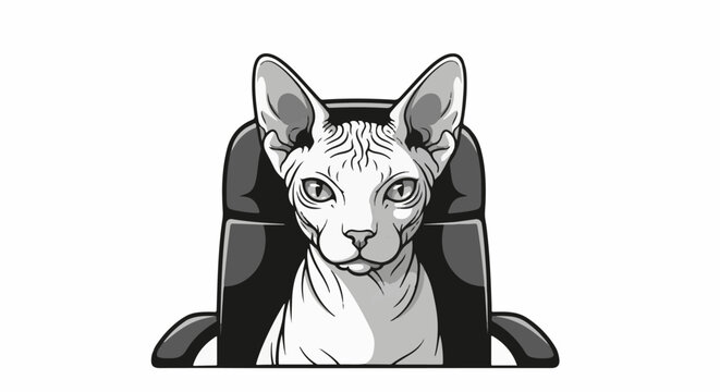 A stylized, greyscale Sphynx cat sits in a dark, curved chair