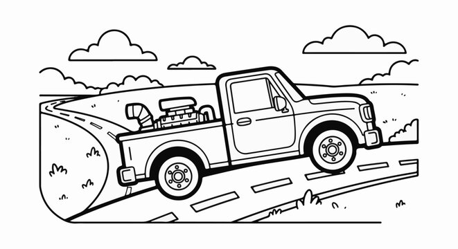 Cartoon pickup truck with large engine driving on a winding road