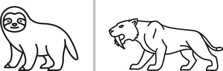 Fototapeta premium Minimalist line art vector illustration of a sloth and a saber-toothed tiger isolated on white background