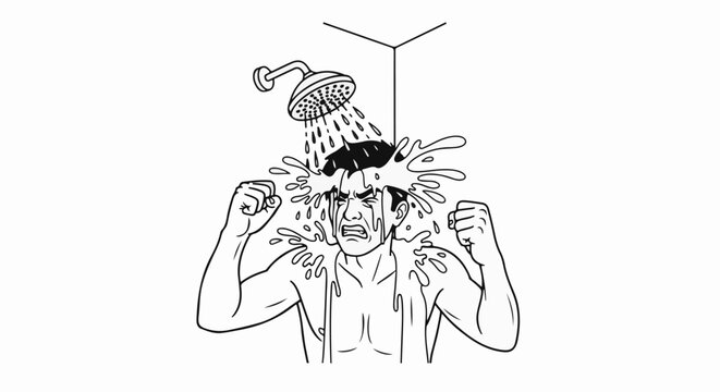 Man clenching fists under cold shower, face contorted in pain