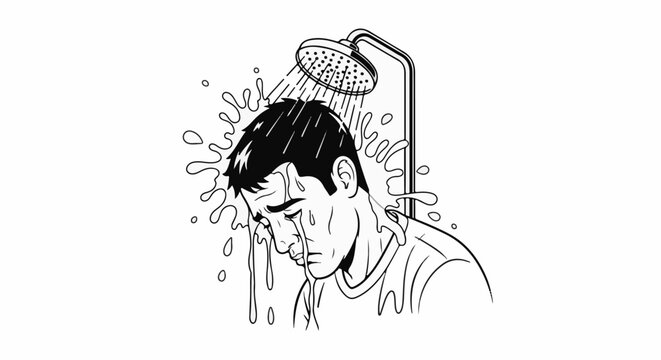 Man crying and getting soaked by a shower head in a stark illustration