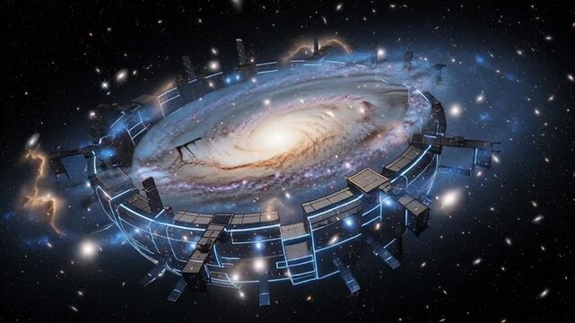 Space Station Orbiting a Galaxy with Stars and Planets