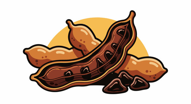Stylized illustration of tamarind pods and seeds against a yellow background