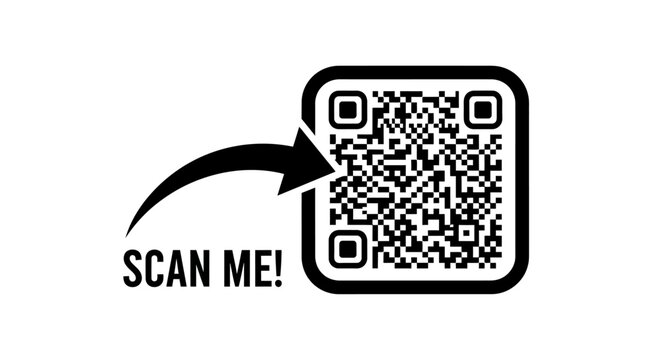 QR code scan me icon with arrow, digital barcode for mobile scanning, black and white vector graphic for marketing and retail information