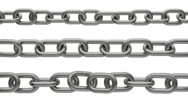 Metallic silver chain links set, realistic steel metal chains on white background, industrial iron link borders for security and strength concepts